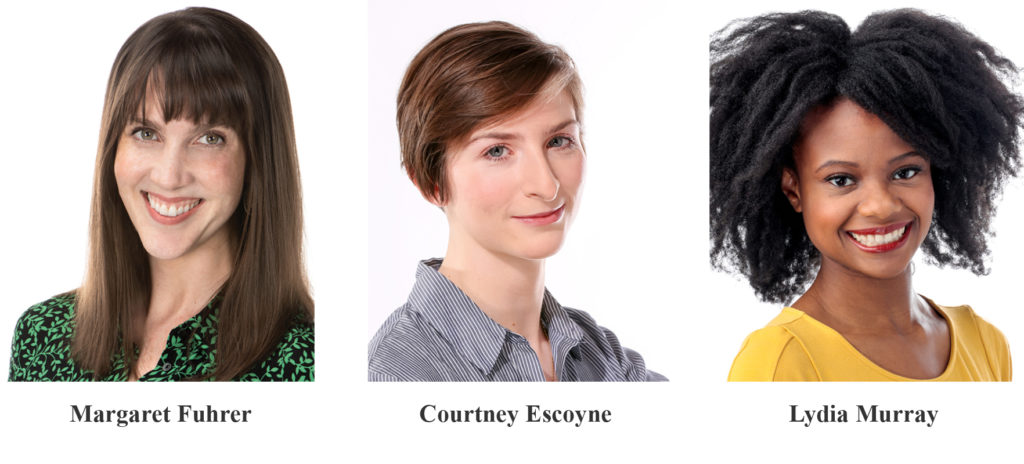 The Dance Edit editors portraits. Three headshots of women smiling towards the camera, named Margaret Fuhrer, Courtney Escoyne, Lydia Murray